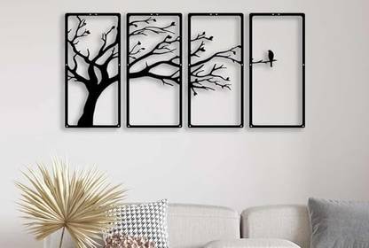 rcc "Tree with Birds" 4-Piece Wall Art Panel – Black Laser-Cut MDF Wall Hanging Pack of 4