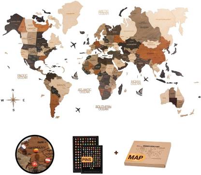 WOODEN ART STUDIO 3D Wooden World Map Multicolor with Push Pin