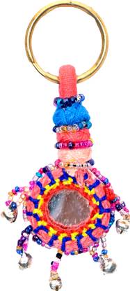 abhishri Navratra Hand Knitted Silk Thread Mirror Cowrie Shell & Beads Keychain