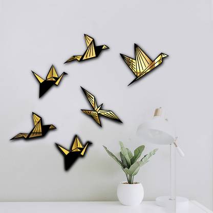 VAH Birds Geomatric Golden and Black Wall Mirror 6 Pcs Wall Acrylic Stickers