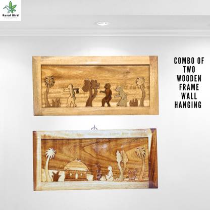 Rural Bird Wooden Wall Hanging Frame Tribal Scenery, Premium Wood Pack of 2