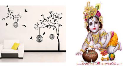 EJAart 45 cm Trendy Set of 2 Wall Hangings free bird case Black+Kunj Bihari & Maakhan Matki Self Adhesive Sticker