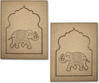 D MAHANIYA ARTS DIY Craft Both Side Faced Pichwai Elephant Cutout Engraved Design & Base Plates Pack of 2