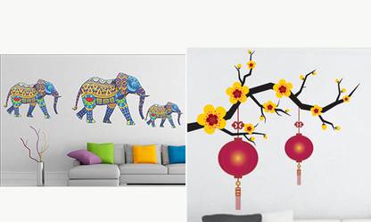 EJAart Trendy Set of 2 Wall Hangings Elephant old+Blooming Flowers with lantern Pack of 2