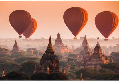 Pitaara Box Hot Air Balloon Over Plain Of Bagan Myanmar Unframed Wall Art Painting Print Canvas 16 inch x 23.9 inch Painting