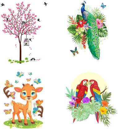 EJAart PINK TREE BIRD NEST|PEACOCK FLOWER BUNCH|HIREN WITH BUTTERFLY |PARROT MULTICOLOR Pack of 4
