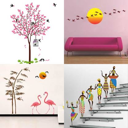 EJAart Pink Tree Bird & Nest+Sunrise & Flying Bird+sunset swan love+Tribal Lady Pack of 4