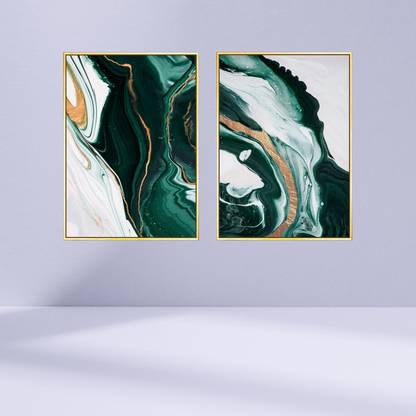 Euroxo Glossy Abstract Green-Gold foil lined Canvas painting with Metal Frame set of 2