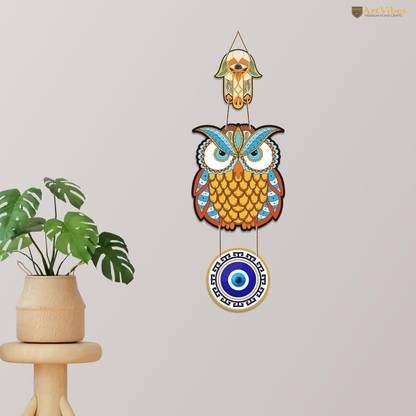Pink Sky Evil Eye Hand & Owl Wooden Nazar Battu 18 Inch Hanging Decorative Showpiece