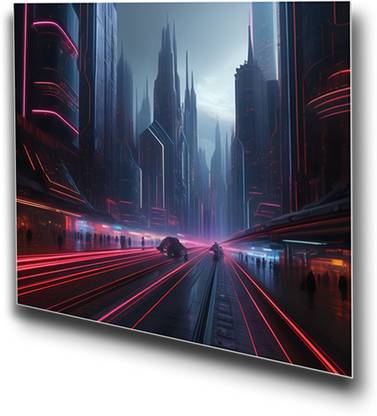 nestroots Neon Cityscape Canvas Art Print Printed wall painting White Frame set_ Pack of 4