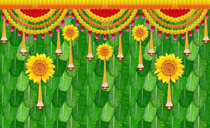 DM FASHION Banana green leaf with multi flowers backdrop 5ft x 8ft