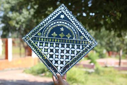 Sumaya Arts Navy Blue Square Shape Lippan Art, Handmade mud and mirror famous Rajasthani Art