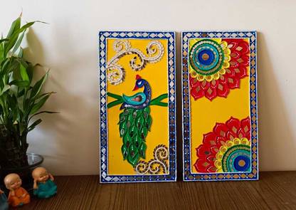 Remaart Lippan Art Mirror Wall Decor Handmade Wall Art - Peacock Combo2 Pack of 2
