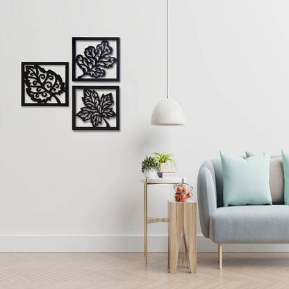 Harshita Craft Wooden 3 Pieces Square Tree Leaf Wall Art Panel Frame | Wall Hanging Decoration