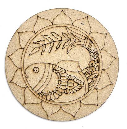 ADIKALA Round Shaped MDF Engraved Madhubani Fish Design Coaster DIY 4. INCH Pack of 6
