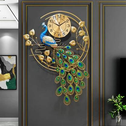 MS Enterprises Large Peacock Wall Clock for Living Room Decor Luxury Metal Non-Ticking