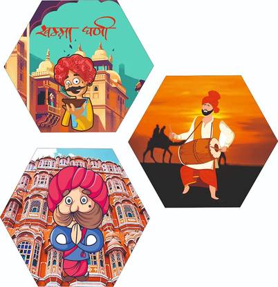 DecorHouse Premium Engineered Wood UV Print Rajasthani Theme Painting For Wall Decor Pack of 3