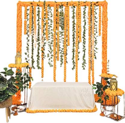 FLYER 10 Pcs Orange Genda Phool String & 5 Pcs Green Leaf String for Decoration Pack of 15