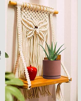 SRN Macrame Wall Hanging Shelf Wood Floating (White) (PACK OF 1)