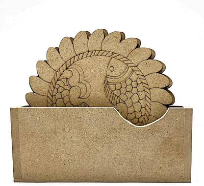 ADIKALA Round Shaped MDF Engraved Madhubani Twin Fish Design Coaster with Stand DIY 4.In