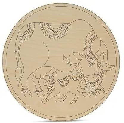 Printfry Pre Marked Kamdhenu Cow with Calf Design Round MDF Wooden Boards