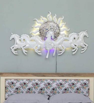 Vfrills Metal White Seven Horses Running with Sunrise and LED Light (Size 48*28 inches)
