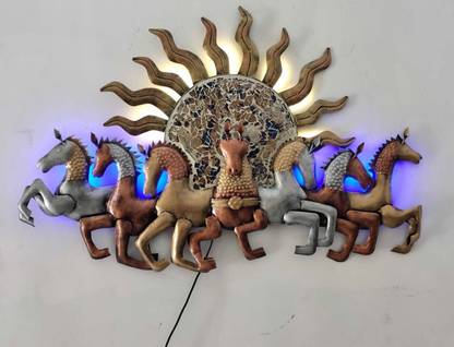 SMAART CRAAFTS Wall Décor Metal Lucky 7 Running Horses & Rising Sun With Led Wall Décor