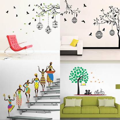 EJAart Tribal Lady+Flying birds & case+free bird case Black+Kids under tree Pack of 4