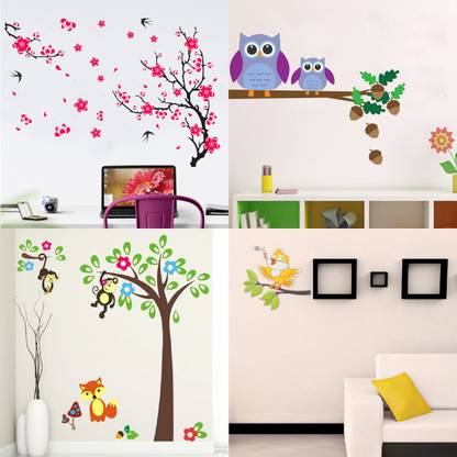EJAart Different tree with flower|Owl son branch|Monkey Hanging on Tree|Singer Bird Pack of 4