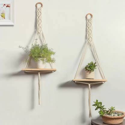 UVV Macrame Wall Shelf Pure Cotton Cord Pinewood Pack of 2