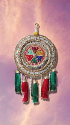 TheKalaCraft Heavy embroidered golden round wallhanging with red and teal tassels