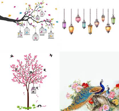 EJAart Branches Flowers & BirdCages+Hanging Lamp+Pink Tree Bird & Nest+Royal Peacock Pack of 4