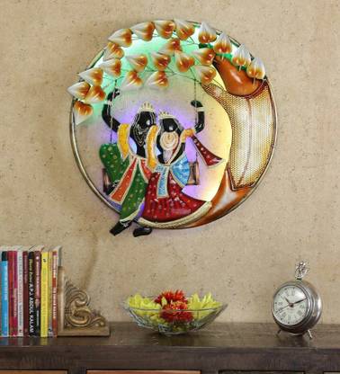PitaraPlex Metal Wall Hanging Radha Krishna Round Home Décor, Multi, 24X1X22 In Inbuilt LED