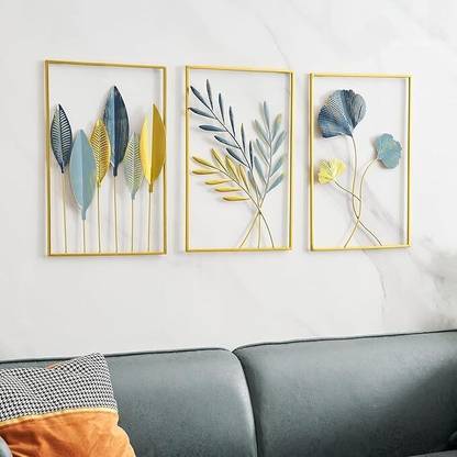 SF HANDICRAFT COLLECTION SF HANDICRAFT 3 SQ FRAME Minimalist Floral Wall Hanging Decor Sculpture Pack of 3