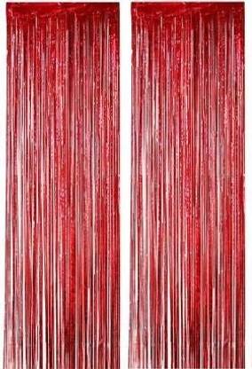 ANVRITI Two Red Plain fringe foil curtain Pack of 2