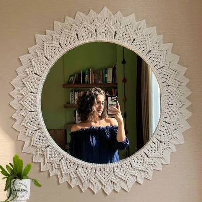 TIMJO Macrame wall Hanging mirror Home Decor, Boho Round Mirror.