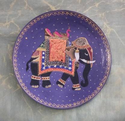 Navkar Handicraft Elephant and Peacock Hand Painted Wooden Wall Plate