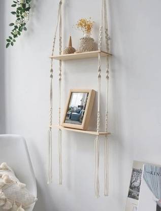 RAINBOW HOMES Minimalist Macrame Wall Hanging Double Shelf Wood Floating Boho Shelves