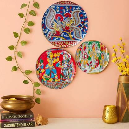 Ritualistic Kalamkari Madhubani Metal Wall Plates| Metal Wall Sculpture & Decor| Home Decor| Pack of 3