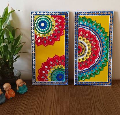 Remaart Lippan Art Mirror Wall Decor Handmade Wall Art - Flower Desgin Pack of 2