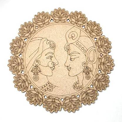 ADIKALA Engraved Radha Krishna with Lotus Design MDF Cutout Base for DIY | 8.INCH