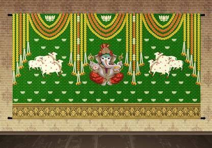 Sukalpa Ganesh & Cow Decoration Backdrop Curtain Alter Cloth digital Print 5*8