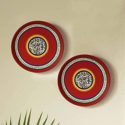 framing hub Turkish Flora Splash Decorative Wall Plate|Wall Décor|Home Décor|set Of 2|RED Pack of 2