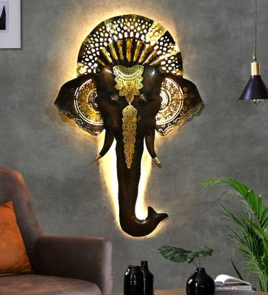 Indraj Premium Craft Antique Finish Metal Elephant Face With LED Lights Wall Art Decor, Living Room