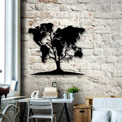 SAVA The 3D Wall Art WORLD MAP ON TREE WALL ART 174(Black)