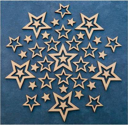 Printfry Wooden Star Cutout Shape, Multiple Sizes, Star Cut Out, Laser Cut Stars Pack of 10