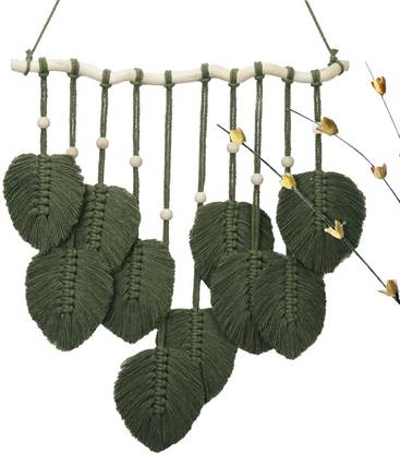 CPV CRAFTS Green Leaves Macrame Wall Hanging, Farmhouse Macrame Feather Wall Decor Wall Art