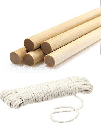 JCT AGRICO 12 INCH LONG 5 WOODEN DOWEL STICK & 15M LONG COTTON ROPE(5mm)FOR MACRAME,HANGER Pack of 6