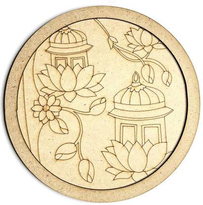 ADIKALA Temple With Lotus MDF Engraved Design Wall Plate With Frame DIY Craft Pack of 12