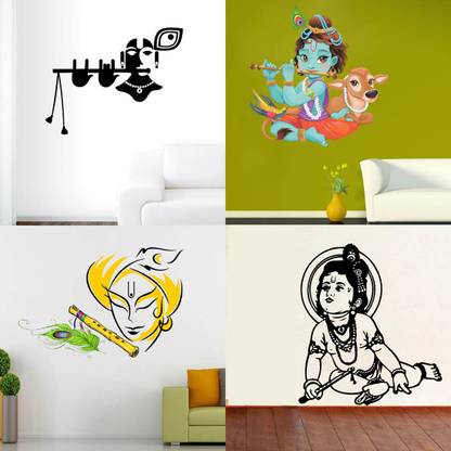 EJAart Lord Krishna | lord Krishna flute playing with cow | krishna | krishna Black Pack of 4